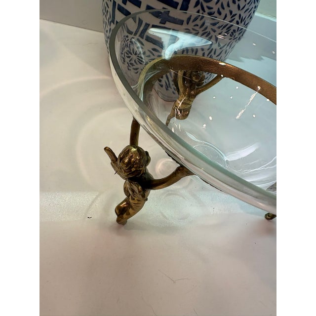 Metal Vintage Clear Hand-Blown Glass Tazza Bowl With Cherub Gilt Metal Centerpiece Tabletop Stand For Sale - Image 7 of 9
