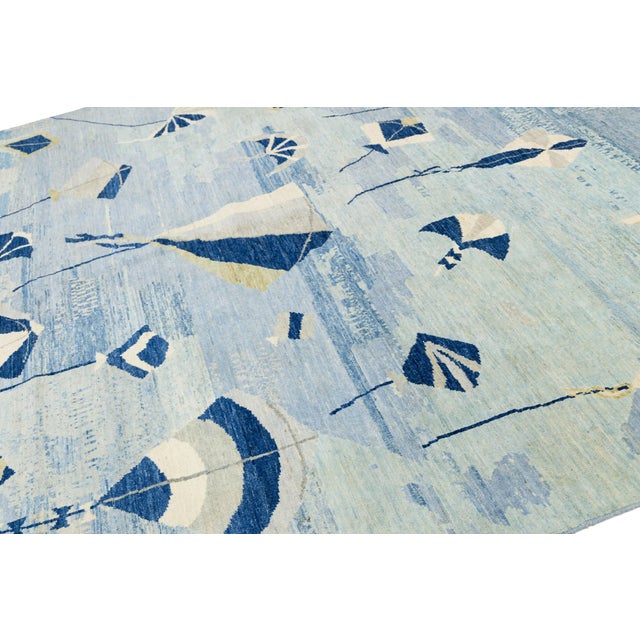 2020s Whimsical Modern Blue & Ivory Kite Motif Hand-Knotted Wool Rug For Sale - Image 5 of 10