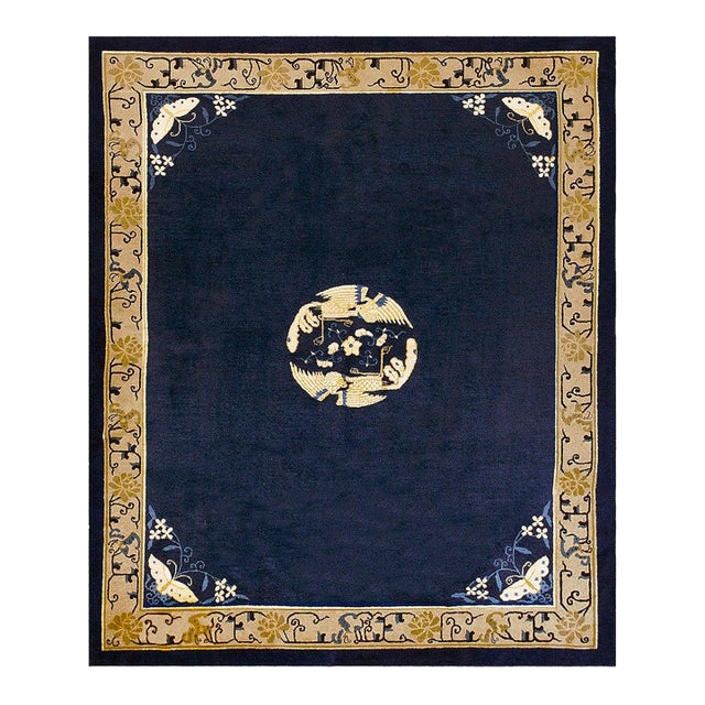 Wonderful Navy Blue Background and Tan Beige Color With Animalia Design Antique Chinese Peking Rug For Sale