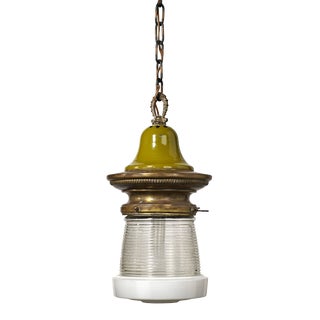 Brass & Enamel Schoolhouse Pendant Light Fixture For Sale