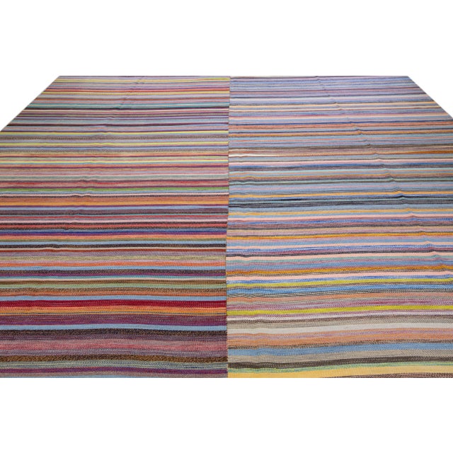 Abstract Modern Striped Kilim Flatweave Multicolor Handmade Wool Rug For Sale - Image 3 of 11