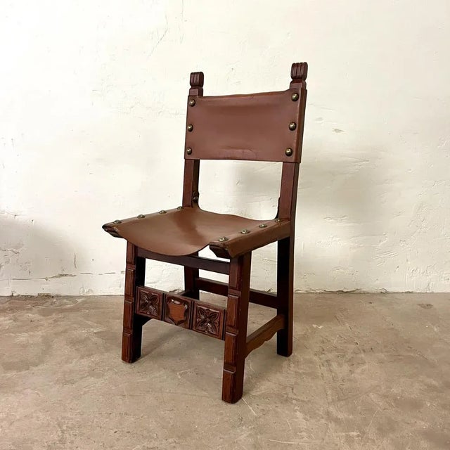 Spanish Chair in Leather and Carved Wood, 1950s For Sale - Image 12 of 12