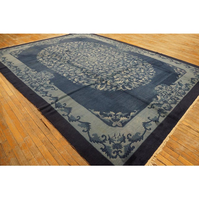 1920s 1920s Deco Blue Field and Elegant Floral-Medallion Antique Chinese Peking Rug For Sale - Image 5 of 11