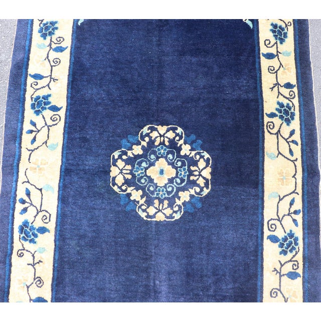 Antique Chinese Peking Carpet in Dark Blue Background 4' X 6'8 For Sale - Image 9 of 14