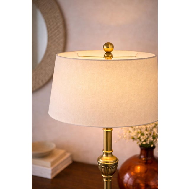 Late 20th Century Sunlit Brass Table Lamp With Linen Drum Shade – Tall Transitional Classic Column Form, 34” H For Sale In Los Angeles - Image 6 of 7