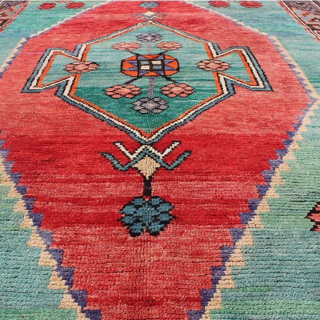 Brightly Colored Rug Turkish Vintage With Medallion and Geometric Flowers For Sale In Atlanta - Image 6 of 8