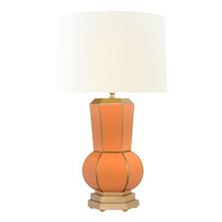 Matthew Izzo Home Catalina Orange Handpainted Tole Table Lamp With Gold Accents and Cream Silk Shade For Sale