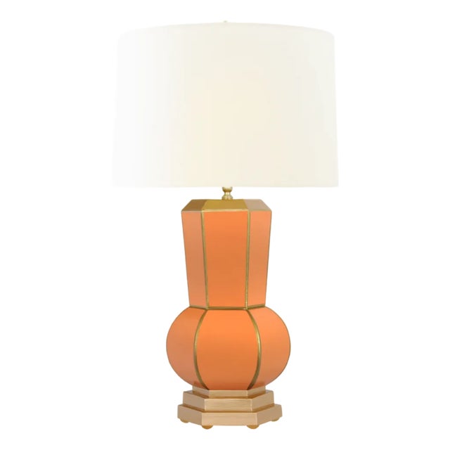 Matthew Izzo Home Catalina Orange Handpainted Tole Table Lamp With Gold Accents and Cream Silk Shade For Sale