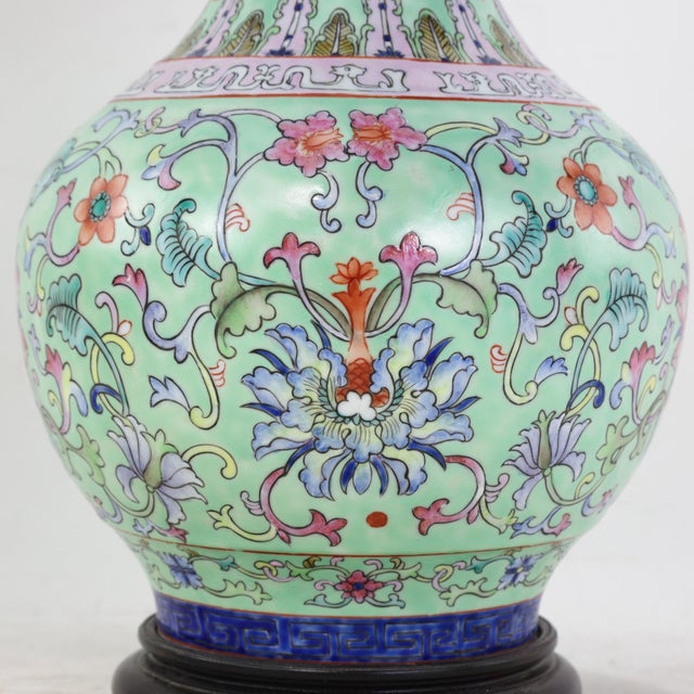 Vintage Chinese Famille Rose Lime Green Porcelain Vase Lamp With Lotus and Peony Scrollwork For Sale - Image 9 of 16
