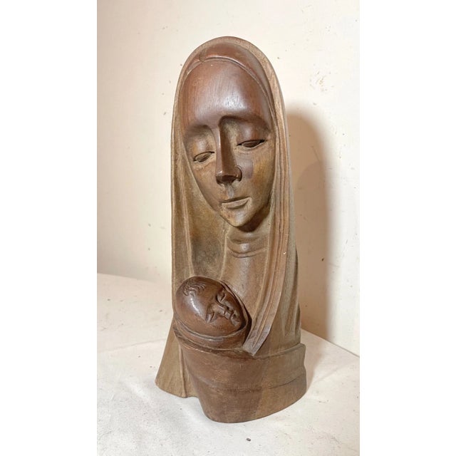 Religious Vintage Hand Carved Wood Religious Virgin Mary Jesus Bust Statue Sculpture Art For Sale - Image 3 of 9
