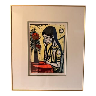 Irving Amen (American, 1918–2011) "In Thought" Signed Limited Edition Color Woodcut, Framed For Sale