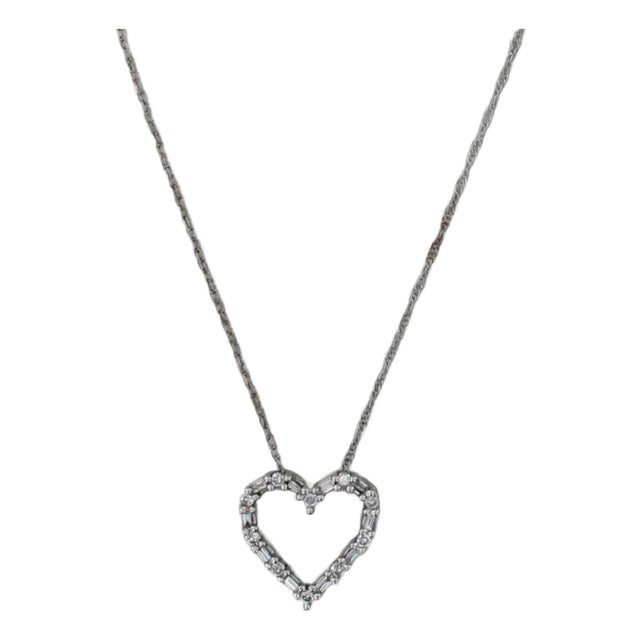 0.23ctw Diamond Open Heart Pendant Necklace 14k White Gold 18.25" Rope Chain For Sale