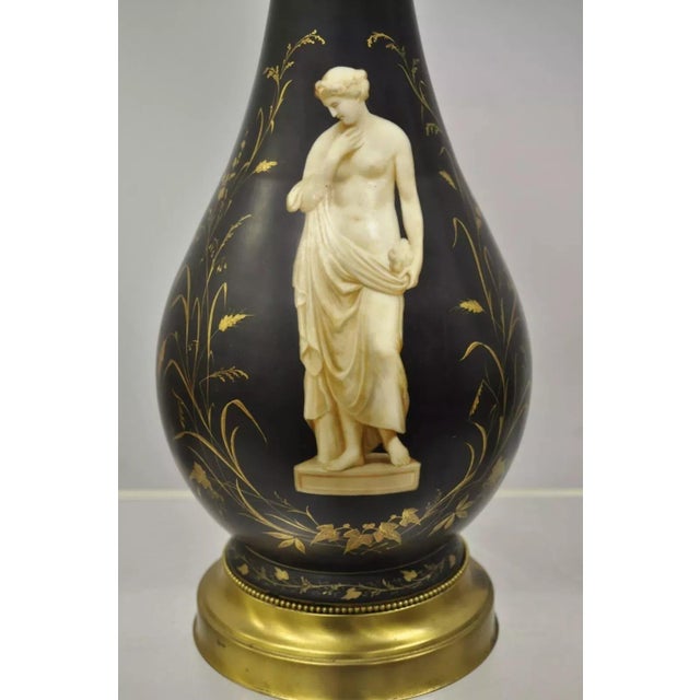 Neoclassical Antique French Neoclassical Black Porcelain Classical Bulbous Table Lamps - Pair For Sale - Image 3 of 12