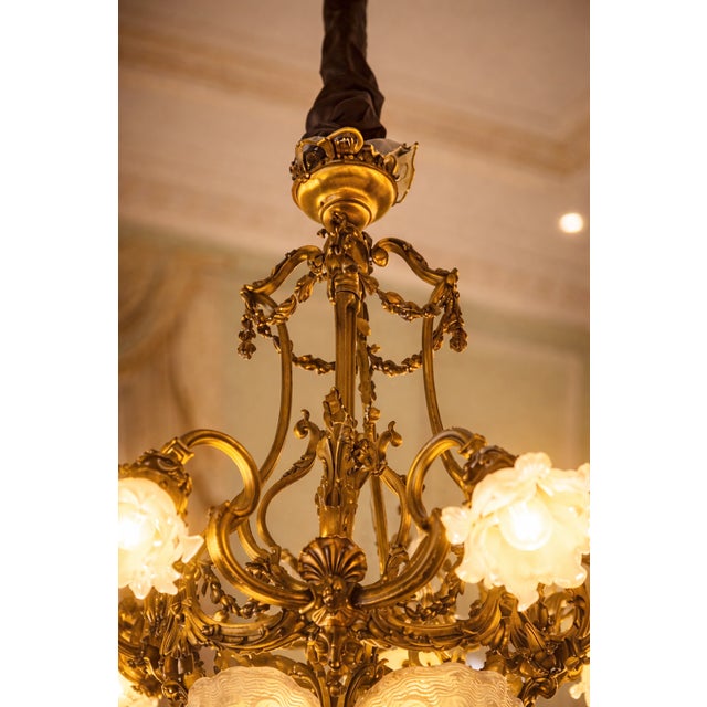 French 19th C French Louis XVI Gilt Bronze Milk Glass Chandelier For Sale - Image 3 of 16