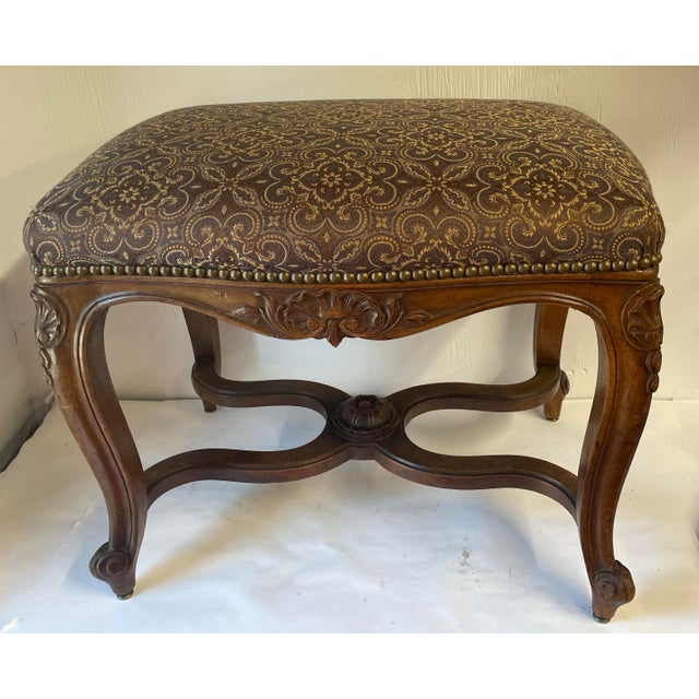 French French Carved Wood Upholstered Bench For Sale - Image 3 of 10