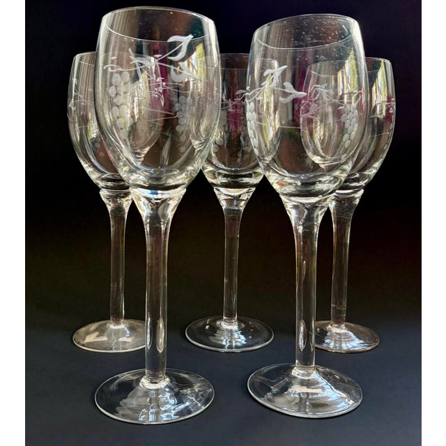 Transparent Vintage Handmade Etched Grapevine Tulip-Stem Wine Glasses – Set of 5 For Sale - Image 8 of 11