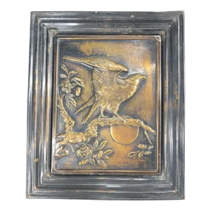 Mid 20th Century Japanese Asian Style Pressed Brass Plaque With Hawk