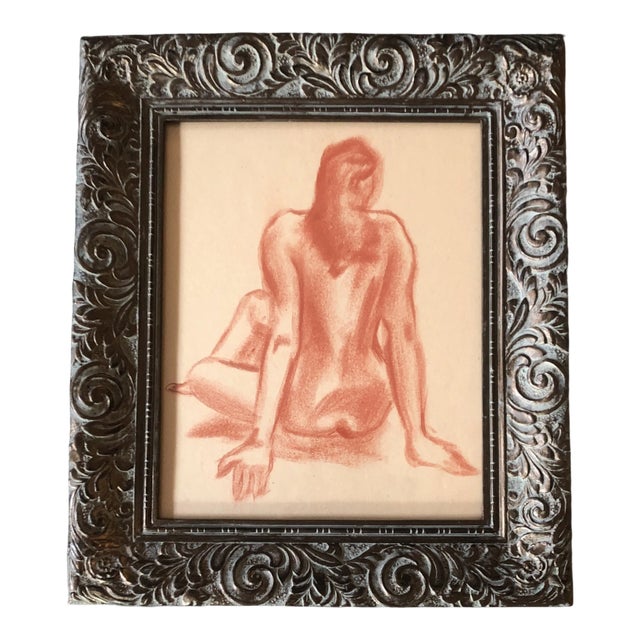 Original Vintage Female Nude Sepia Drawing Vintage Frame For Sale