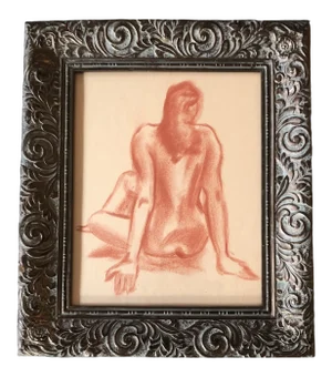 Original Vintage Female Nude Sepia Drawing Vintage Frame