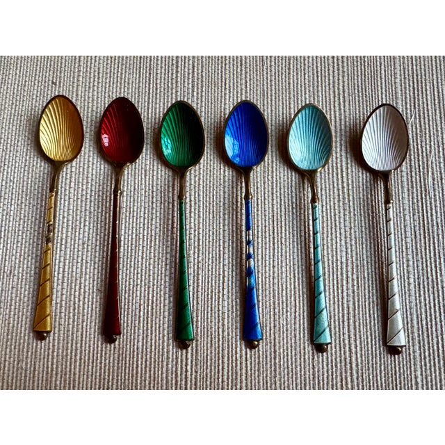 EGON LAURIDSEN ELA DENMARK 6 Solid Silver Guilloche Enamel Vermeil (gilt) Demitasse Spoons, vintage with original...