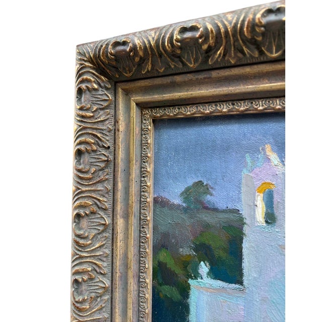 Textile Framed Vintage Oil Painting of California Mission Landscape, Signed For Sale - Image 7 of 9