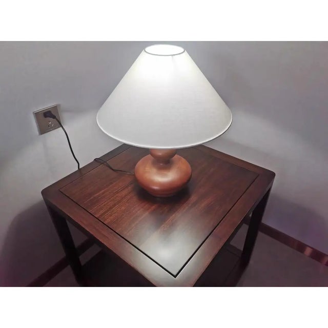 2020s Walnut Wood Minimalist Cloth-Shaded Table Lamp For Sale - Image 5 of 8
