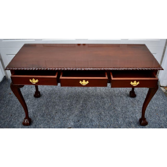 Chippendale Mahogany Writing Console Table Vintage 3 Drawer Ball Claw Foot Sofa For Sale - Image 9 of 15