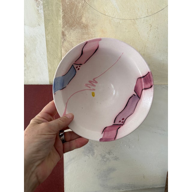Vintage Studio Pottery Bowl 7.5 Inch Wheel Thrown Hand Painted Abstract Pink and Blue Ceramic For Sale In Chicago - Image 6 of 9