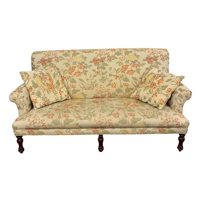 Late 20th Century Baker Furniture Milling Road English Traditional Floral Roll Arm Sofa For Sale