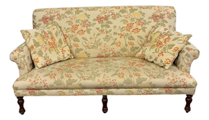 Late 20th Century Baker Furniture Milling Road English Traditional Floral Roll Arm Sofa