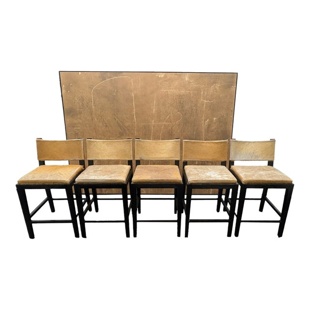 Rh Saddle Hair-on-Hide Counter Stools – Set of 5 Designed by Barlas Baylar | Camel Hair-on-Hide | Black Oak Finish For Sale