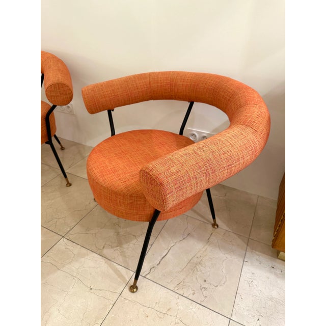 Rare Italian mid-century modern pair of lounge chairs armchairs from the editor IPE Bologna Italy. Black metal structure,...