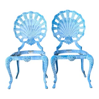 Vintage Blue Metal Shell Back Grotto Chairs - A Pair For Sale