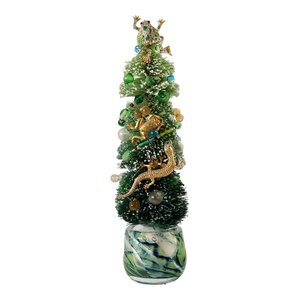 Midcentury Bottle Brush Tree With Frogs –W/ Art Glass Base