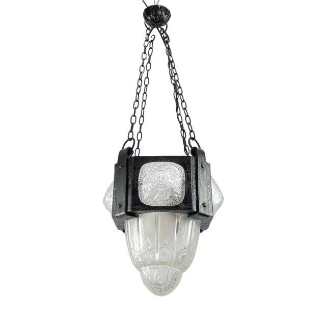 Art Deco Wrought Iron Hanging Light attributed to Hettier & Vincent, 1930s For Sale