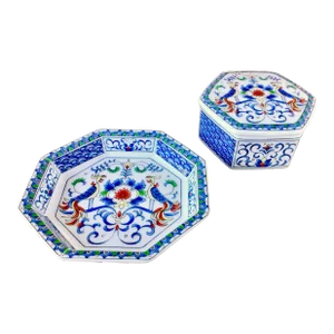 Vintage Hexgonal Blue and White Lidded Box and Matching Catch-All Dish by Takahashi San Francisco, Fantasy Collection- 2 Pieces