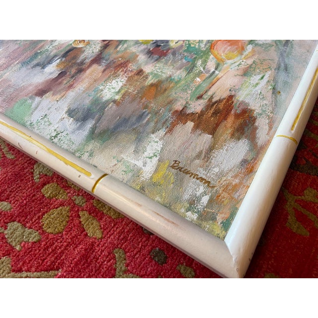 Ivory “Tiptoe Through the Tulips” | Large Vintage Floral Garden Painting in Faux Bamboo Frame | 50” For Sale - Image 8 of 12