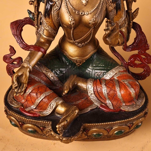 Late 19th Century Late 19th Century Gilt Bronze Green Tara Statue, Tibetan Buddhist Figure, 900g For Sale - Image 5 of 9