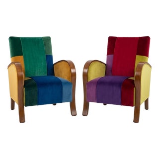 Art Deco Armchairs in Vibrant Multi-Color Velvet Patchwork, Set of 2 For Sale