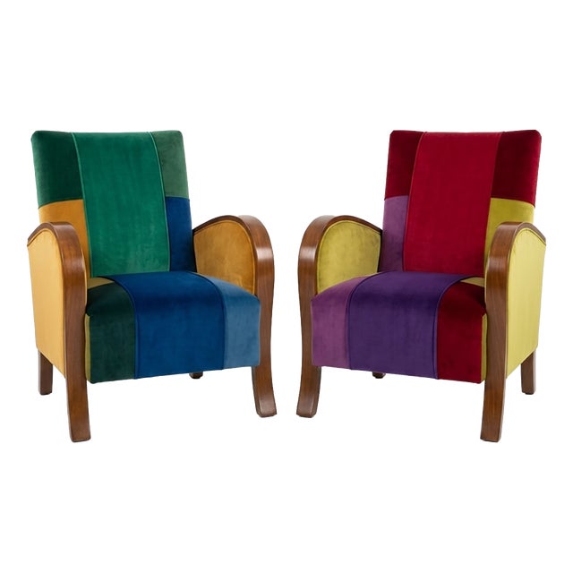 Art Deco Armchairs in Vibrant Multi-Color Velvet Patchwork, Set of 2 For Sale