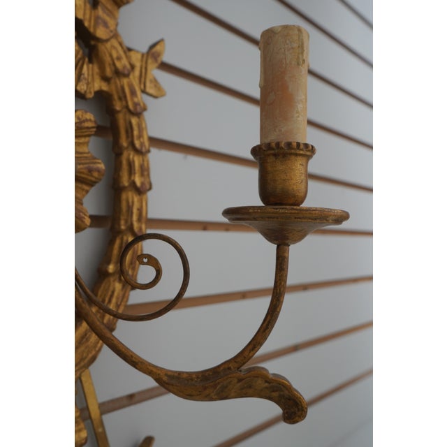 Pair Italian Gold Finish Giltwood Wall Sconces For Sale - Image 4 of 11