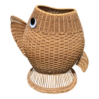 Vintage 1970s Wicker Animal Fish Laundry Basket For Sale