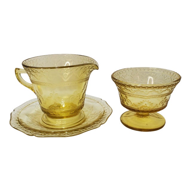 1930s Federal Glass Patrician Amber 3 Piece Creamer Set For Sale