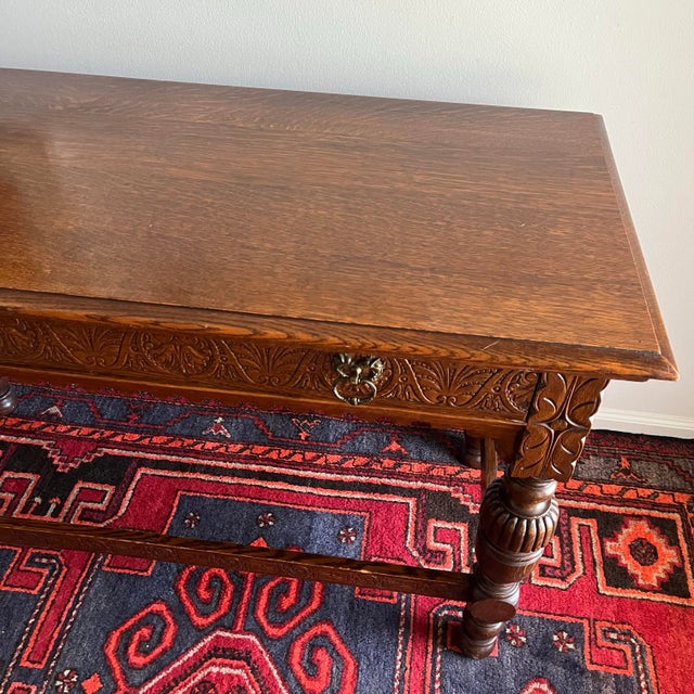 Antique Robert Mitchell Furniture Co. Carved Quarter-Sawn Oak Jacobean Revival Library Table, Cincinnati, C. 1900–1915 For Sale - Image 9 of 10