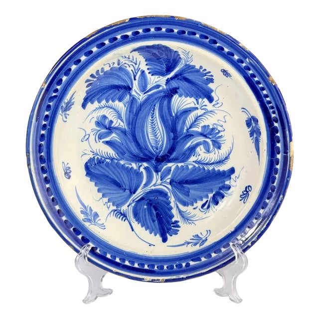 Blue and White Faience Plate, Manises, Spain, 19th Century For Sale