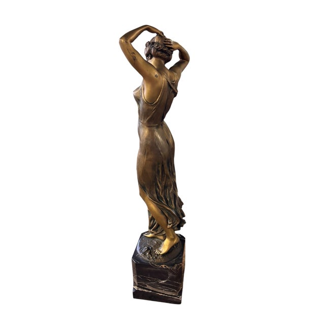 Vintage Art Nouveau Style Bronze-Finish Female Figure on Marble Base For Sale - Image 4 of 9