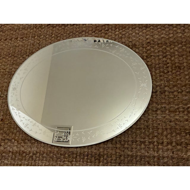 Art Deco Vintage 1957 Mid-Century Venetian Art Deco Oval Wall Mirror - Frosted & Etched Floral Glass Border, Smooth Wood Backing For Sale - Image 3 of 14