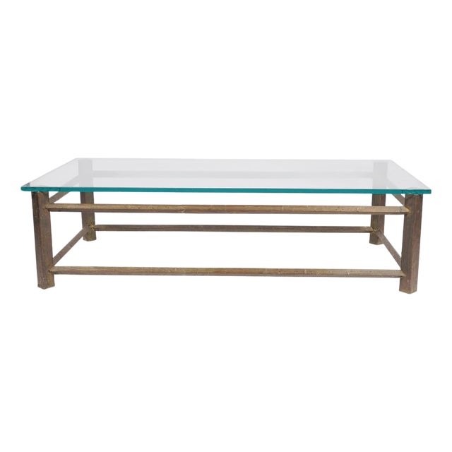 Mid 20th Century Hand-Hammered Solid Brass & Thick Glass Modernist Coffee Table in the Style of Paul Evans For Sale