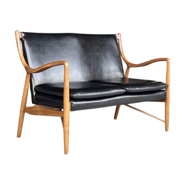 Wood Scandinavian Modern Walnut & Black Leather Loveseat – Sculptural Frame For Sale - Image 7 of 11