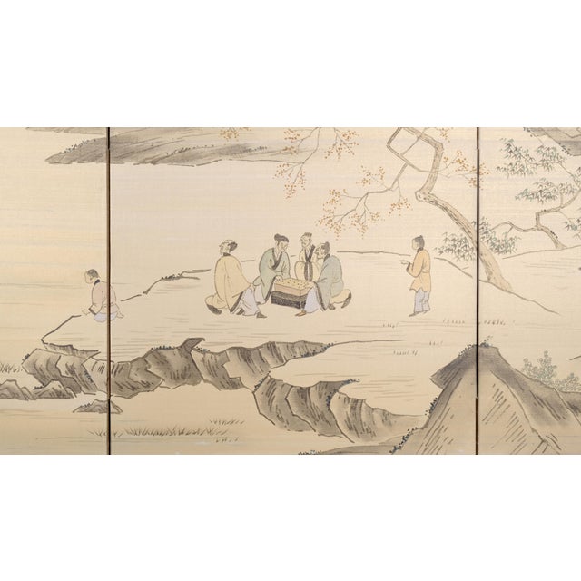 Beige Mid 20th Century Japanese Byobu "A Lunch Gathering in Nature" Signed Chopmarked 4-Panel Silk Screen in Excellent Condition For Sale - Image 8 of 9